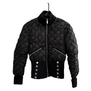 Bebe black moto bomber puffer jacket with silver tone detailing in sz M.